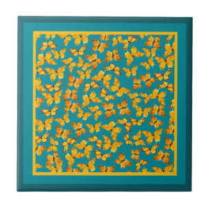 Ceramic Tile, Golden Butterflies on Teal Tile