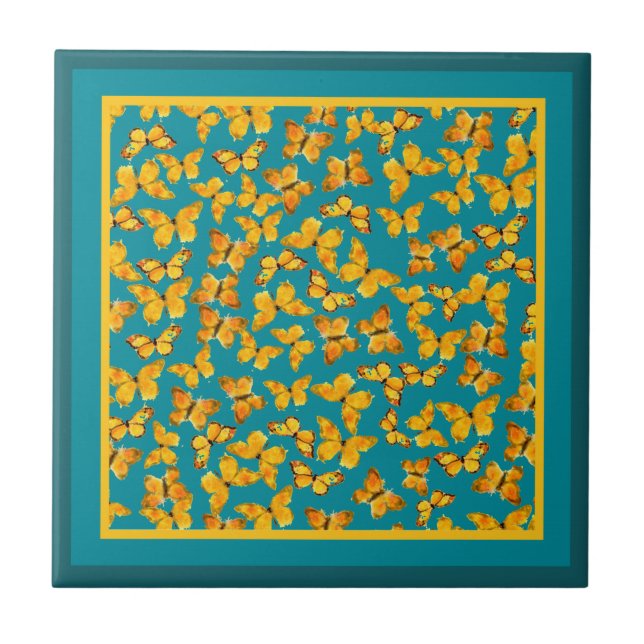Ceramic Tile, Golden Butterflies on Teal Tile (Front)