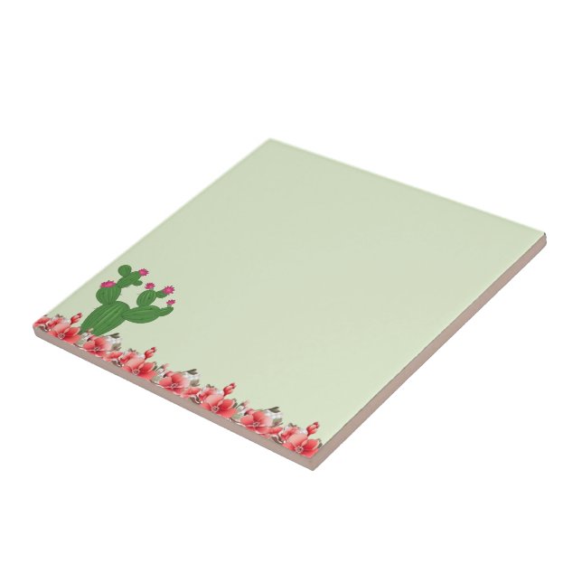 Ceramic Tile Green Cactus Orange Flowers (Side)