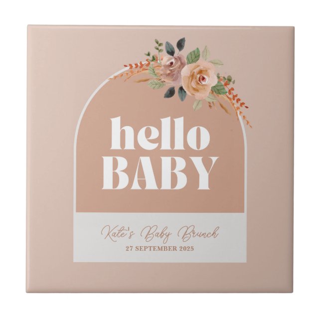Ceramic tile,  Hello Baby, Boho Modern Baby Shower Tile (Front)
