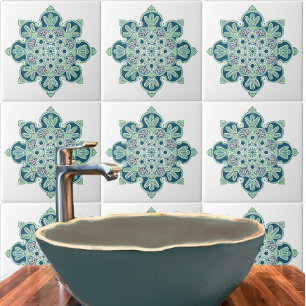 Ceramic Tile Medallion with light greens and teal