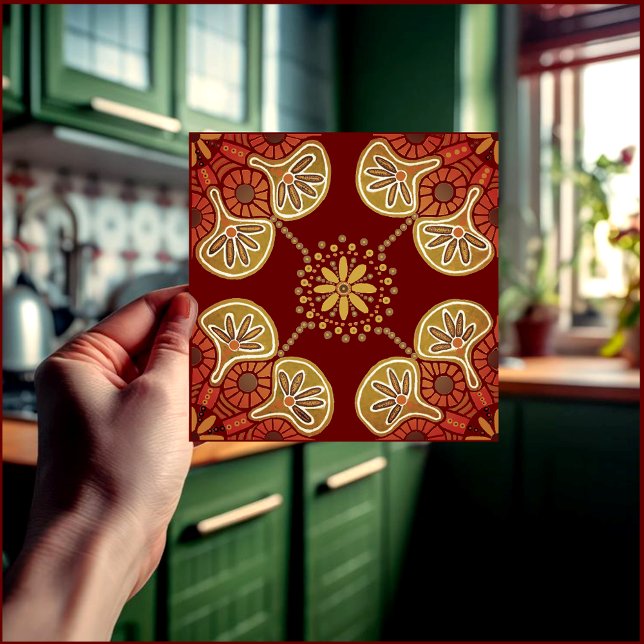 Ceramic Tile medallions ochre on wine (Ocher and  maroon geometric tile for fireplace kitchen or bath.)
