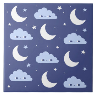 Ceramic Tile Navy Kawaii Moon Stars Clouds
