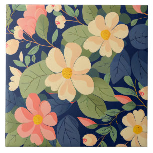Ceramic Tile Navy Peach Pink Floral Botanical