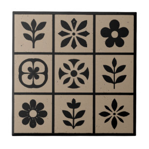 Ceramic Tile Of Retro Boho Floral Warm Brownish