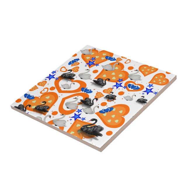 Ceramic Tile, Orange Hearts Swan Blue Stars Ceramic Tile (Side)