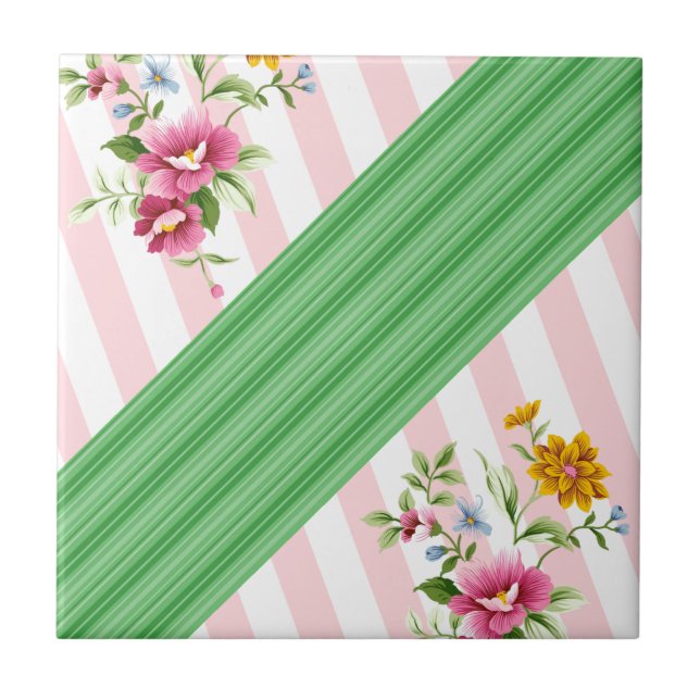 Ceramic Tile Pink Stripe Floral (Front)