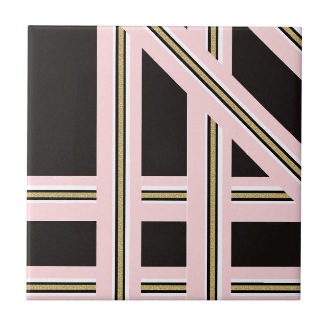Ceramic Tile Pink & White Gold Black Stripe  (Front)