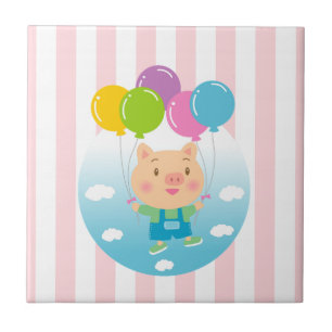 Ceramic Tile Pink & White Stripe Pig Balloons