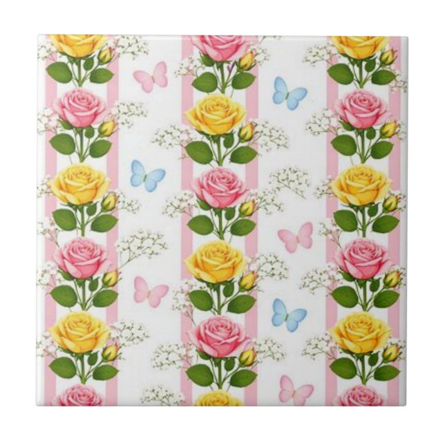 Ceramic Tile Pink & Yellow Roses Floral Stripe  (Front)