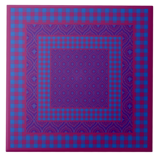 Ceramic Tile, Purple and Blue, Checks and Ogees Tile (Front)