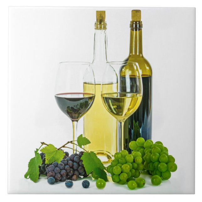 Ceramic Tile Red White Wine Grapes with Glasses (Front)