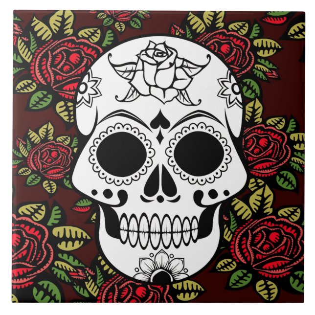 ceramic tile Retro art red roses  sugar skull (Front)