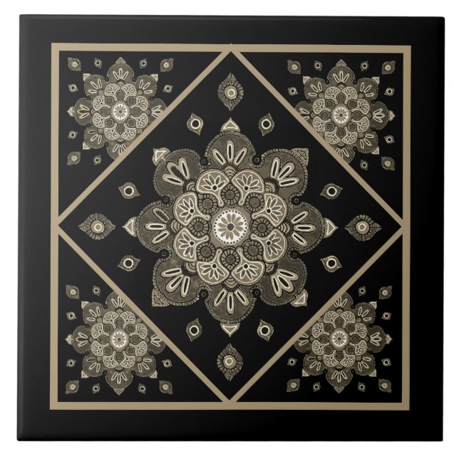 Ceramic Tile, Sepia Medallions on black Ceramic Tile (Front)