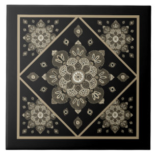 Ceramic Tile, Sepia Medallions on black Tile