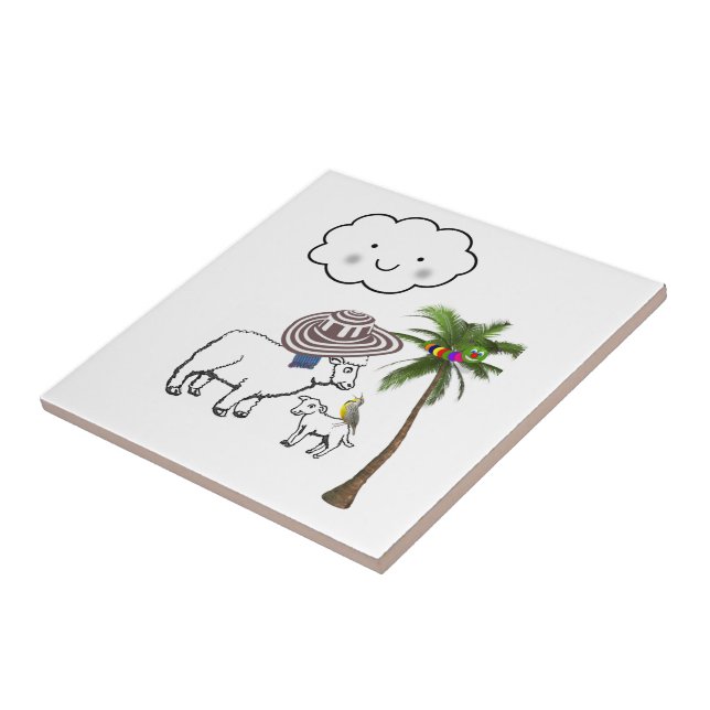 Ceramic Tile, Sheep, Clouds, Palm Tree Tile (Side)