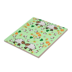 Ceramic Tile, Sheep, Fairy, Green Orange Hearts Ceramic Tile