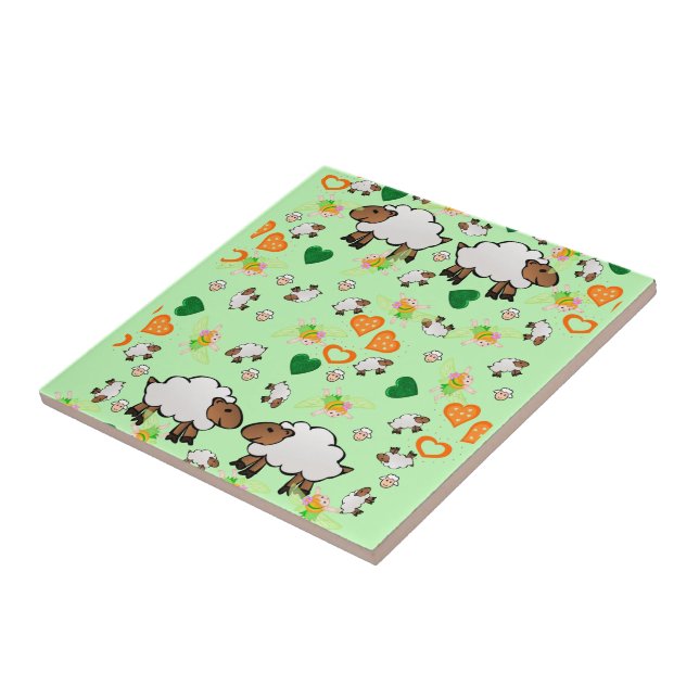 Ceramic Tile, Sheep, Fairy, Green Orange Hearts Ceramic Tile (Side)