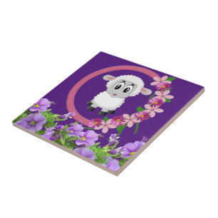 Ceramic Tile Sheep Floral Purple