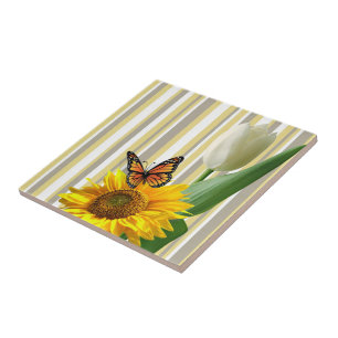 Ceramic Tile Stripe White Tulip Butterfly Floral