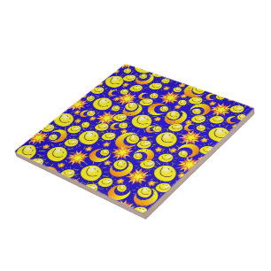 Ceramic Tile Sun Moon Orange Yellow Stars Blue