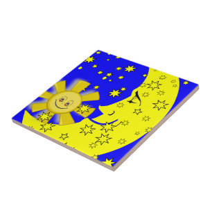 Ceramic Tile Sun Moon Yellow Stars Blue