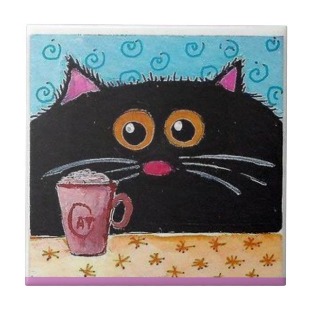 Ceramic Tile Whimsical Cat Coffee Cup (Front)
