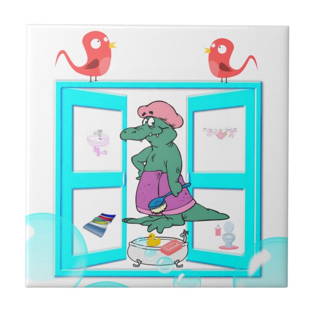 Ceramic Tile White Alligator Bubble Bath Birds (Front)