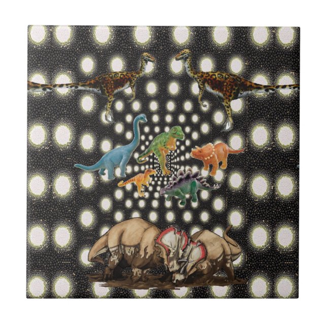 Ceramic Tile White and Black Circular Dinosaurs (Front)