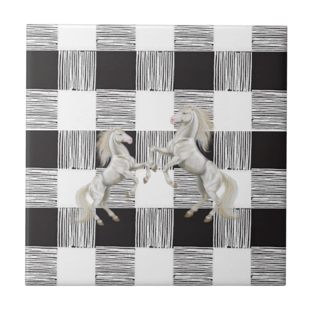 Ceramic Tile White and Black Plaid Horse (Front)
