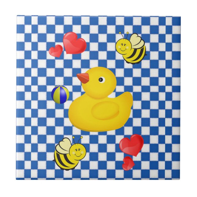 Ceramic Tile White and Blue Chequered Yellow Ducks (Front)