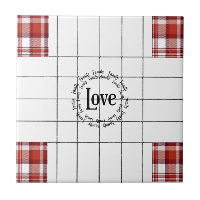 Ceramic Tile White and Red Plaid Love Family  (Front)