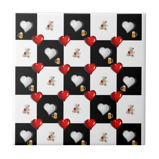 Ceramic Tile White Black Chequered Beer Teddy Bear (Front)