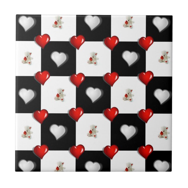 Ceramic Tile White Black Chequered Teddy Bear (Front)