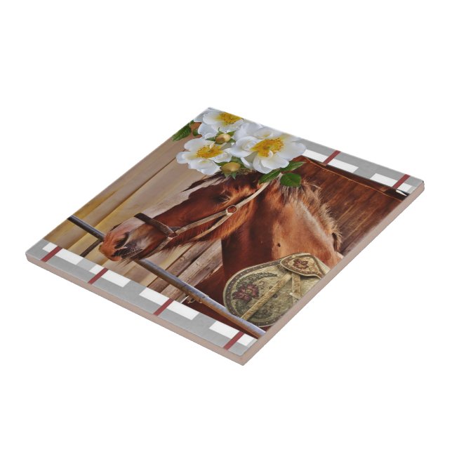 Ceramic Tile White Floral Horse (Side)
