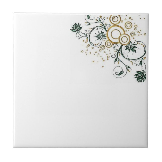 Ceramic Tile White Gold Blue Flowers Floral  (Front)