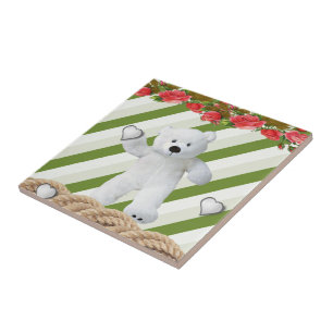 Ceramic Tile White Green Stripe Floral Teddy Bear