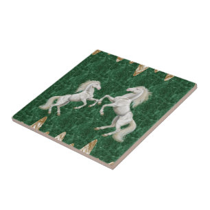Ceramic Tile White Horses Green Gold