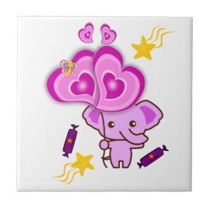 Ceramic Tile White Purple Elephants Hearts