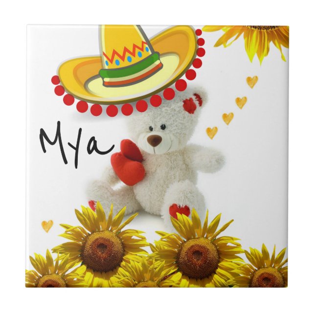 Ceramic Tile White Sunflower Teddy Bear (Front)