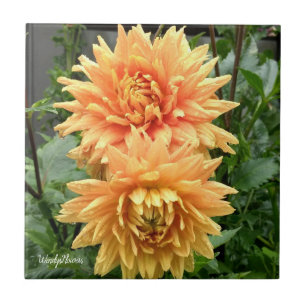 Ceramic tile with orange dahlias with rain drops