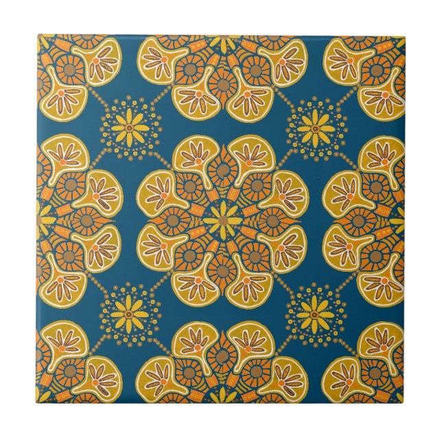 Ceramic Tile with repeating ochre on teal (Front)