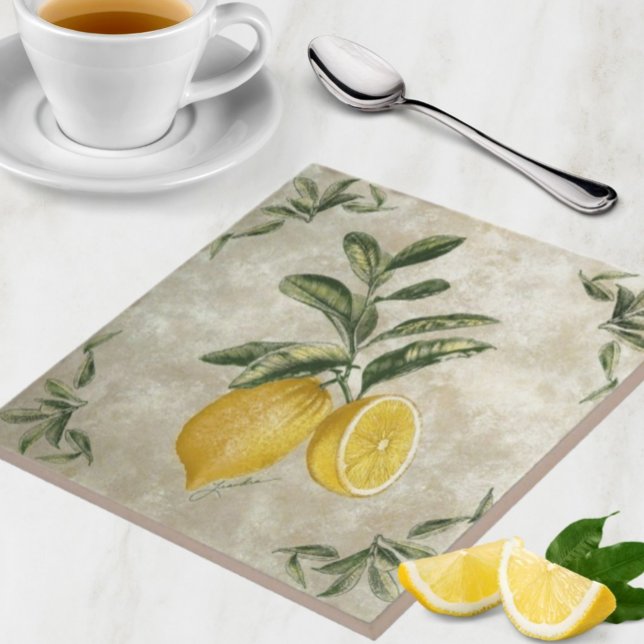 Ceramic Tile with Vintage Lemons (Vintage European Lemons Stone Texture Neutral Kitchen Tile or Trivet use)