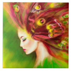 Ceramic Tile woman butterfly green Large(6" X 6")