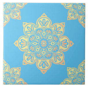 Ceramic tile, yellow medallion on Cerulean blue Ceramic Tile