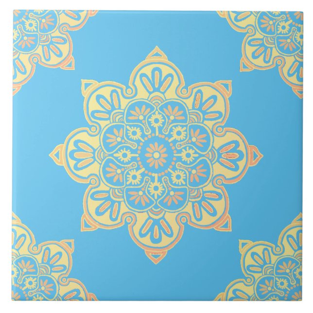 Ceramic tile, yellow medallion on Cerulean blue Tile (Front)