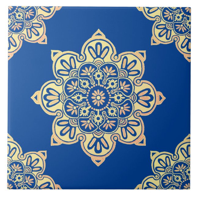 Ceramic tile, yellow medallion on deep blue ceramic tile (Front)