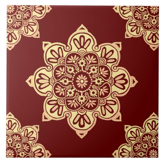 Ceramic tile, yellow medallion on maroon tile (Front)