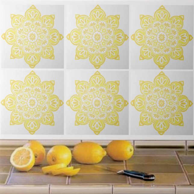 Ceramic tile, yellow medallion on white ceramic tile (Yellow medallion tiles shown  on a kitchen backsplash.)