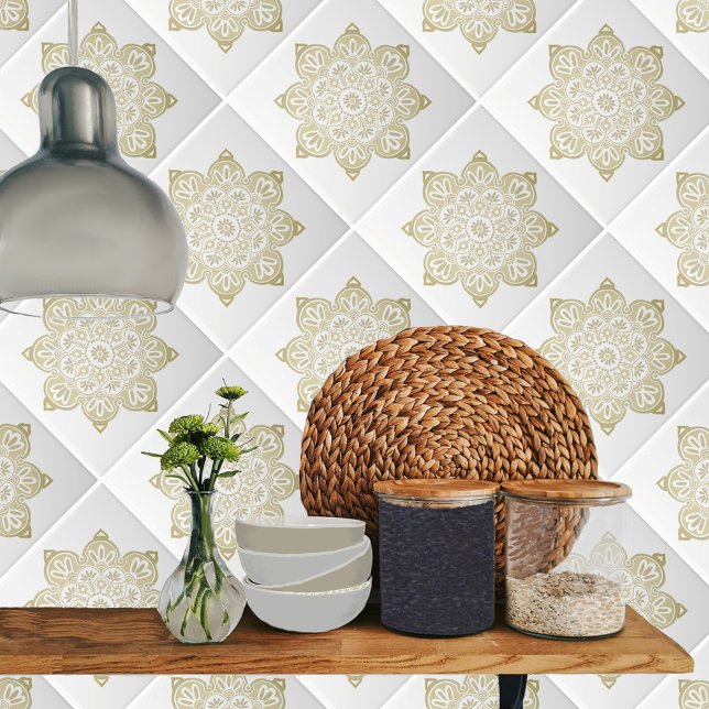 Ceramic tile, yellow medallion on white ceramic tile (taupe medallions on white shown on a kitchen)